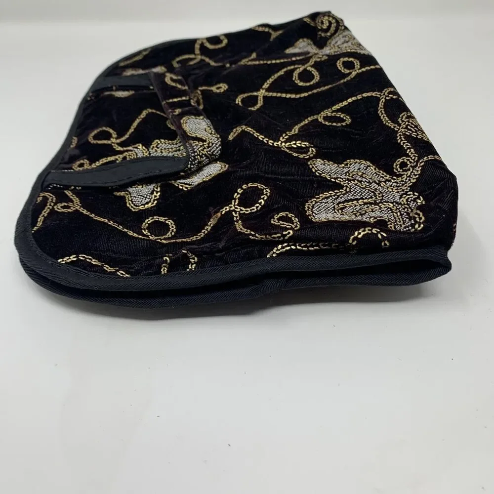 Siris Black Gold Floral Velvet Travel Cosmetic Toiletry Organizer Bag USA